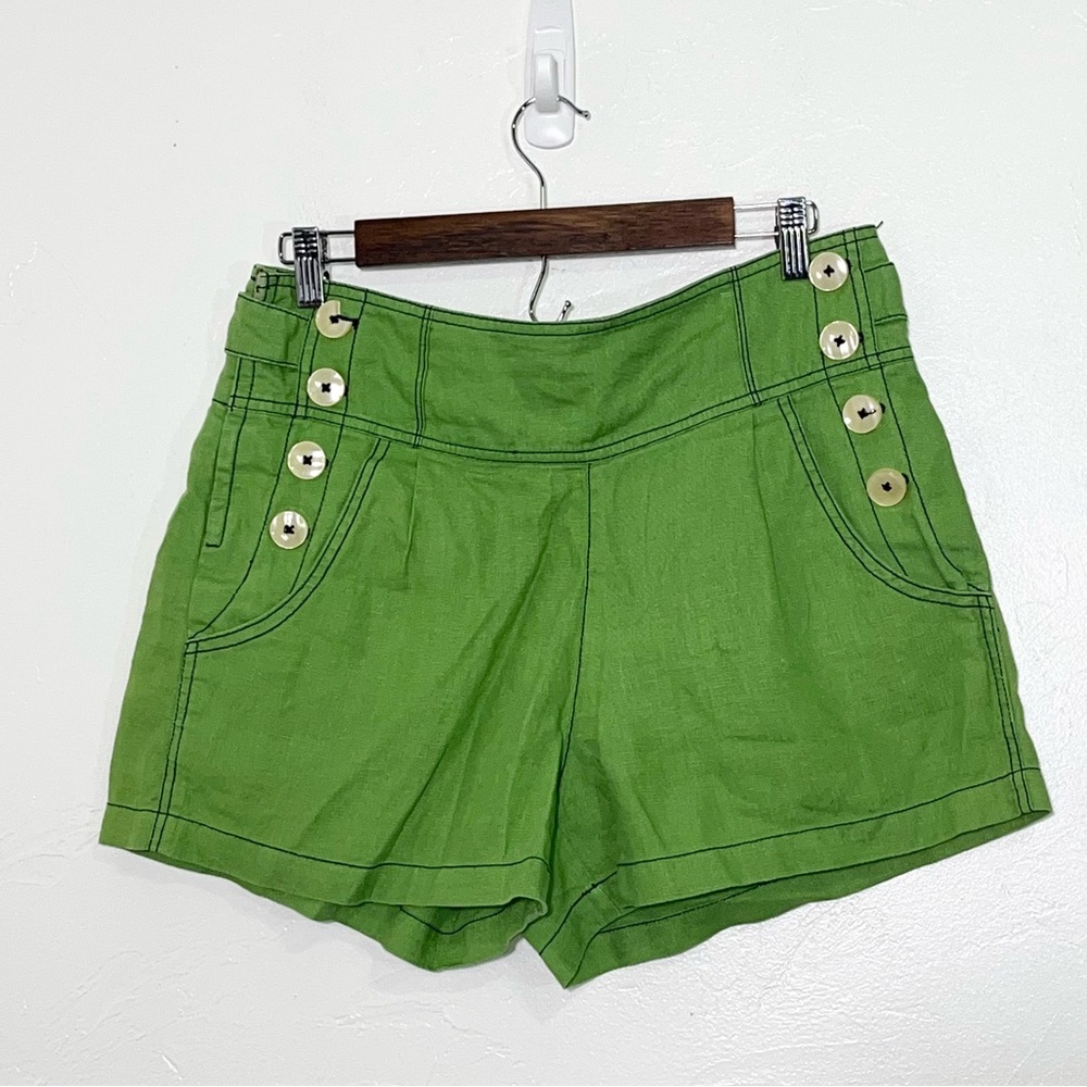 Anthropologie Double Stitch Kelly Green Linen Sailor Shorts High Waisted Button
